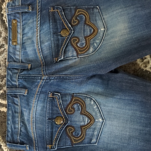 REROCK FOR EXPRESS Dark Blue Boot Cut Distressed Button Flap Pocket Jeans 4 - Picture 7 of 13